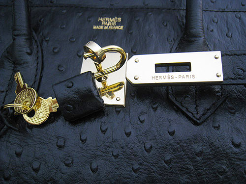 High Quality Fake Hermes Birkin 35CM Ostrich Veins Handbag Black 6089